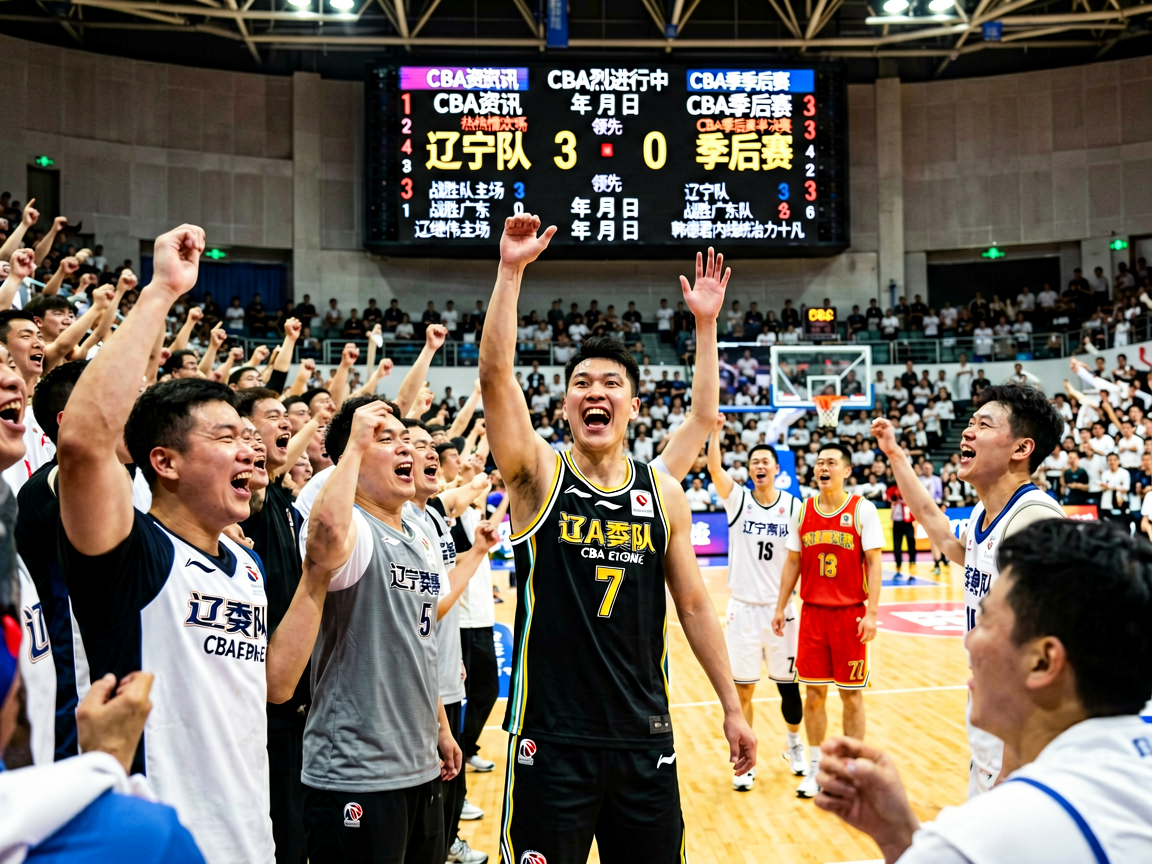 篮球场馆内观众热情欢呼，比分牌显示比赛激烈进行中